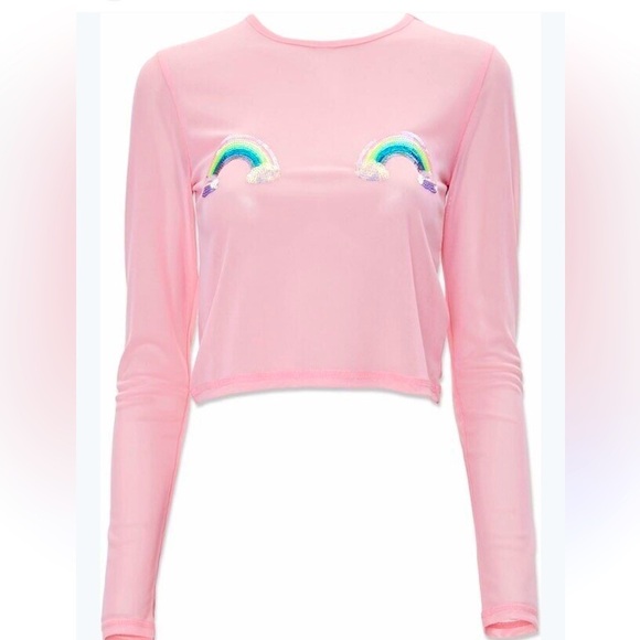 FOREVER 21 Pink Mesh Long Sleeve Rainbow Sequin Crop Top Rave Festivals EDC - Picture 1 of 4